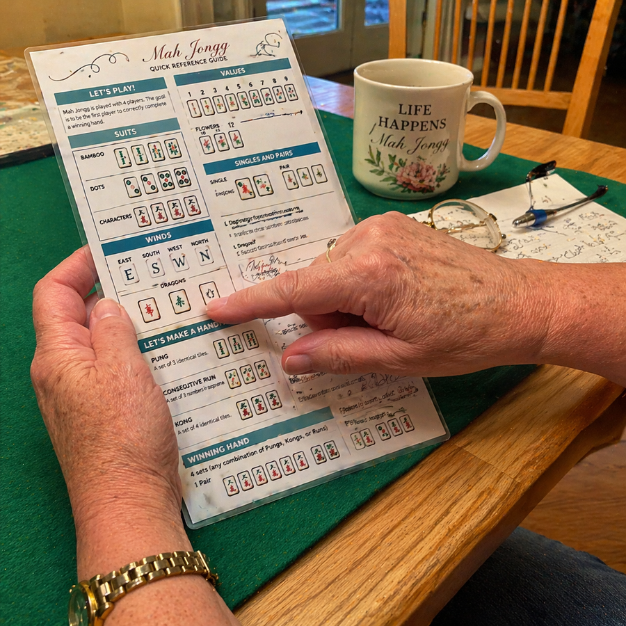Hands studying the NMJL card alongside the Mahj Edge cheat sheet